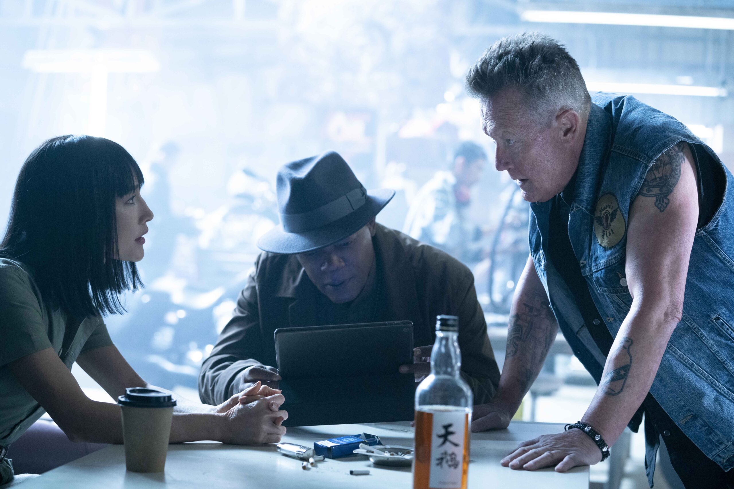 Maggie Q as Anna, Samuel L. Jackson as Moody, and Robert Patrick as Billy Boy in The Protégé.
